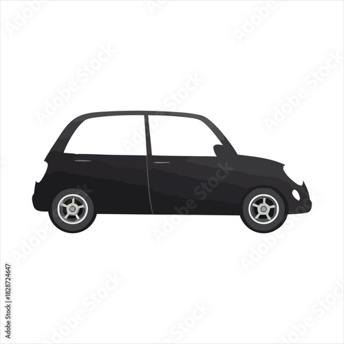 Sleek black compact car vector illustration, depicted in a clean side profile, ideal for designs related to urban transport, vehicle rentals, and daily commutes