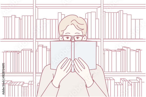 Calm individual studying books with glasses, Quiet scholar engrossed in reading within archival setting, Focused academic reviewing texts among organized shelves in tranquil library environment