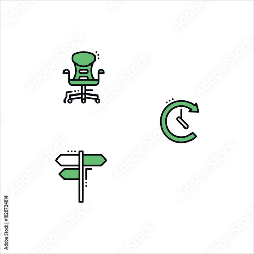 Set of icons representing office chair, directional signpost, and circular clock with arrow, symbolizing work, guidance, and time management in a professional setting