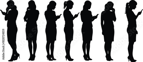 Business women silhouettes using smartphones, communication, texting, technology, mobile device, standing pose, female figure, corporate outfit, modern lifestyle, office fashion, connectivity.