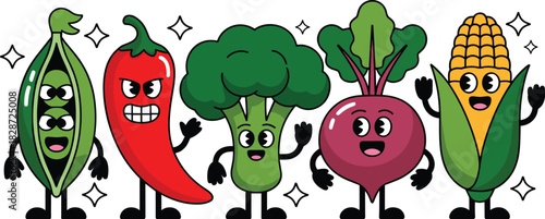 Cute cartoon vegetable characters with expressive faces including peas, chili, broccoli, beetroot, and corn in fun kawaii style.