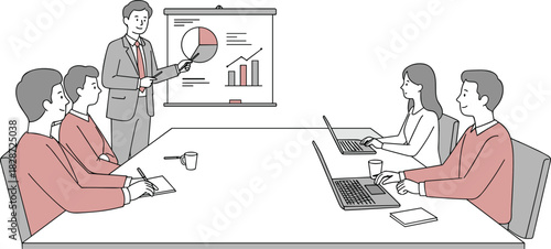 Business team presentation with graphs, corporate meeting room, employees with laptops, manager explaining charts, teamwork strategy session, cartoon vector office concept illustration
