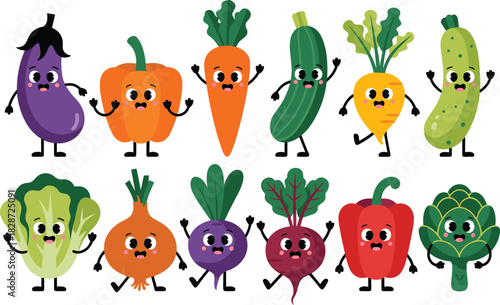 Cute kawaii vegetable characters including eggplant, bell pepper, carrot, cucumber, parsnip, lettuce, onion, beet, radish, and artichoke.