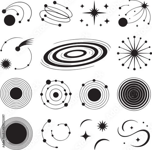 Collection of minimalistic celestial bodies and astronomical icons on white background