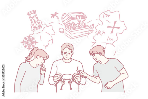 People with keys try to find treasure. Men and women looking for business solution, brainstorm together. Teamwork concept. Vector illustration.