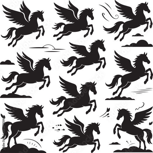 Collection of Pegasus Silhouette Designs Vector Art Mythical Flying Horses