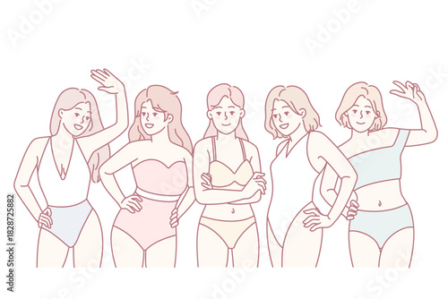 Portrait of smiling girls in swimsuits posing together. Happy diverse young women in bikini enjoy summer vacation. Diversity and body positivity. Vector illustration.