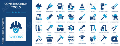 Construction tools flat icons collection. Sledgehammer, shovel, ladder, saw, concrete mixer, trowel, generator, pliers, hammer, screwdriver sign set.