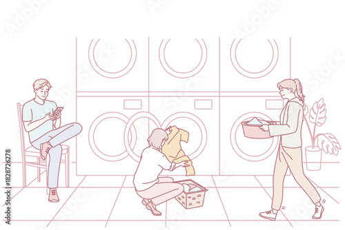 People washing clothes in public laundry. Men and women clean clothing in laundromat. Vector illustration.