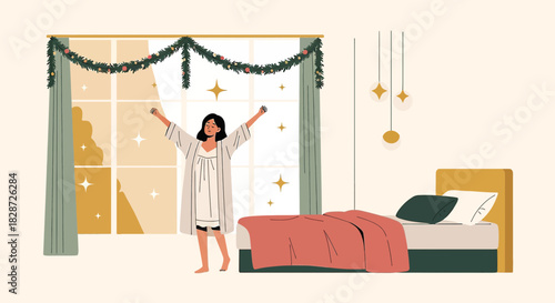 A blissful awakening stretching in holiday adorned bedroom bathed in morning light