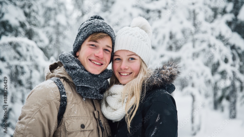 Fototapeta premium A cheerful couple stands close together in a snowy forest smiling warmly. They are dressed in cozy winter clothing surrounded by snow covered trees enjoying the beauty of the season.