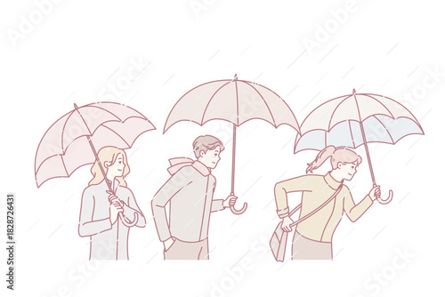 People with umbrellas walking on rainy day. Men and women outside under rain. Weather changes, autumn season concept. Vector illustration.