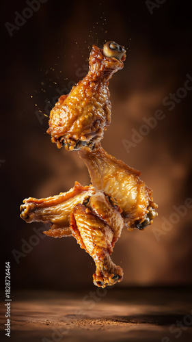 Fried chickens on dark background. Sample for design