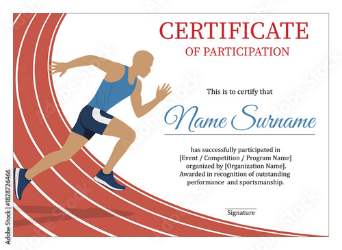 Certificate for sports participation with runner illustration and red track.