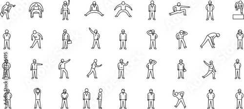 Businessman poses, line art icons, human action set, work movement illustration, character gestures vector, office posture sketch, minimal stick figure symbols, flat design drawing