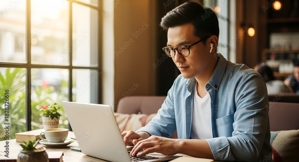 Fototapeta premium Asian Man Working on Laptop at Cafe - Remote Work, Coffee Break