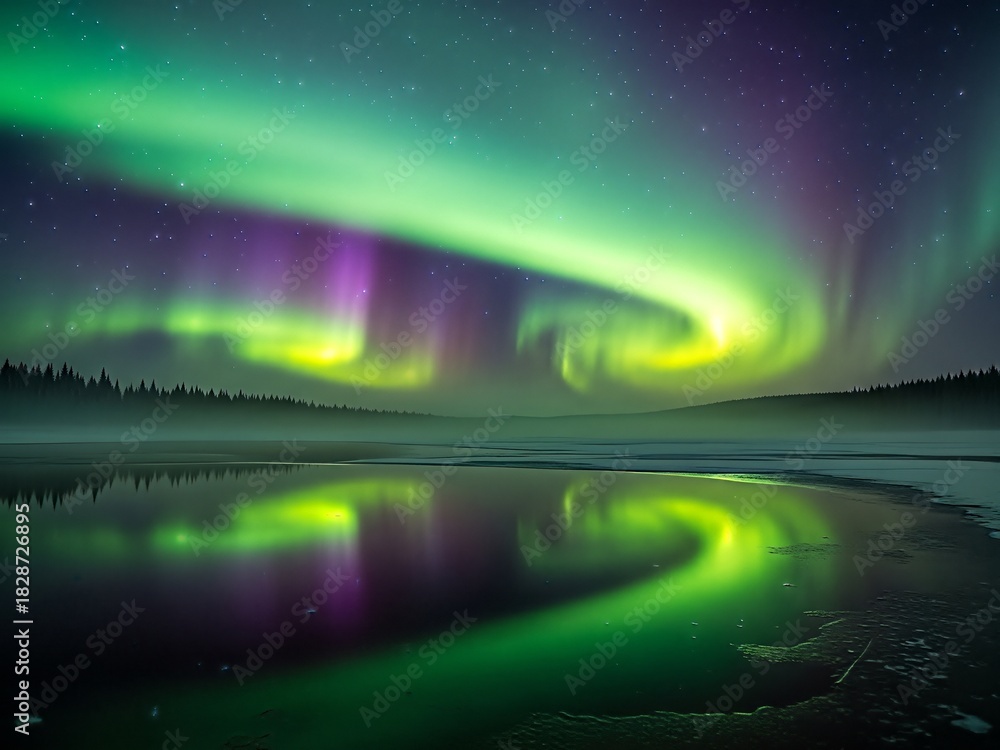 Obraz premium Spectacular aurora borealis dancing with vibrant green and purple hues reflected in a calm, icy body of water under a starry sky, showcasing nature's breathtaking light show