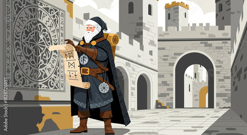 Ancient scholar deciphering cryptic runes at the fortress gateway unlocking mysteries of the past
