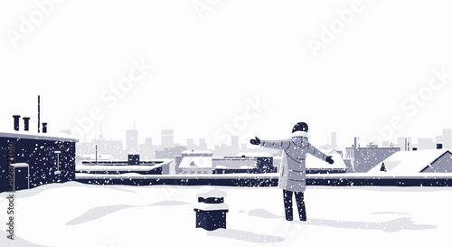 Captivating winter cityscape rooftop serenity with arms wide open in falling snow