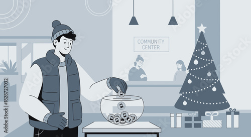 Charitable donation at the local community center during the holiday season illustration