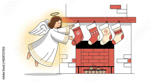 Charming illustration of christmas angel near fireplace with festive stockings hung and waiting