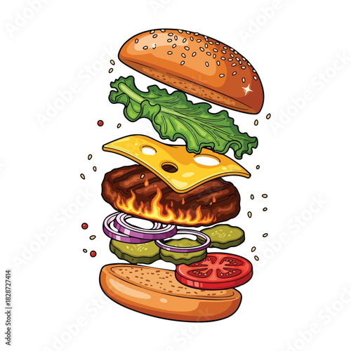 Exploded view of a delicious gourmet hamburger with all its fresh ingredients floating.