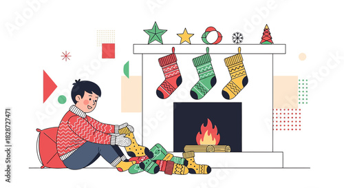 Cozy Christmas eve scene with a boy sorting through festive stockings by the fireplace