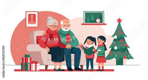 Cozy Christmas family gathering featuring grandparents and granddaughters reading together