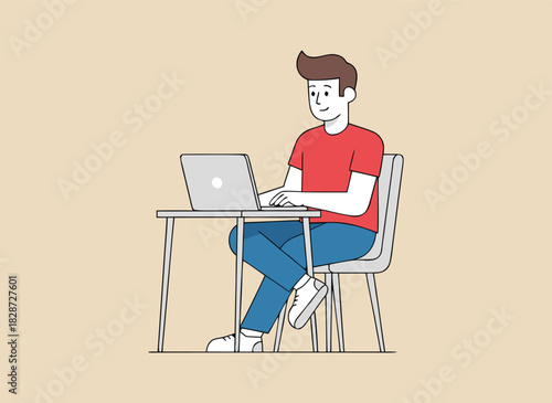 Young man working remotely on laptop at desk, online education