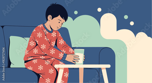Cozy evenings: Little boy wearing pajamas enjoys glass of milk before bedtime routine