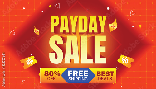 Payday Sale banner featuring bold typography, discount badges, and a vibrant orange background. Perfect for offers and marketing campaigns.