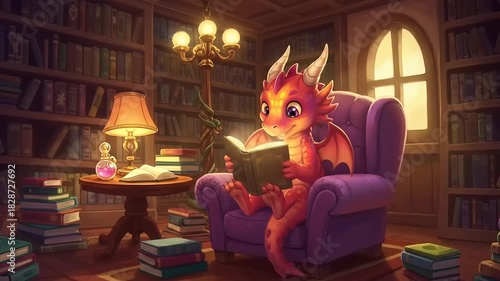 Enchanting Tale: A young dragon engrossed in reading within a magical library ambiance