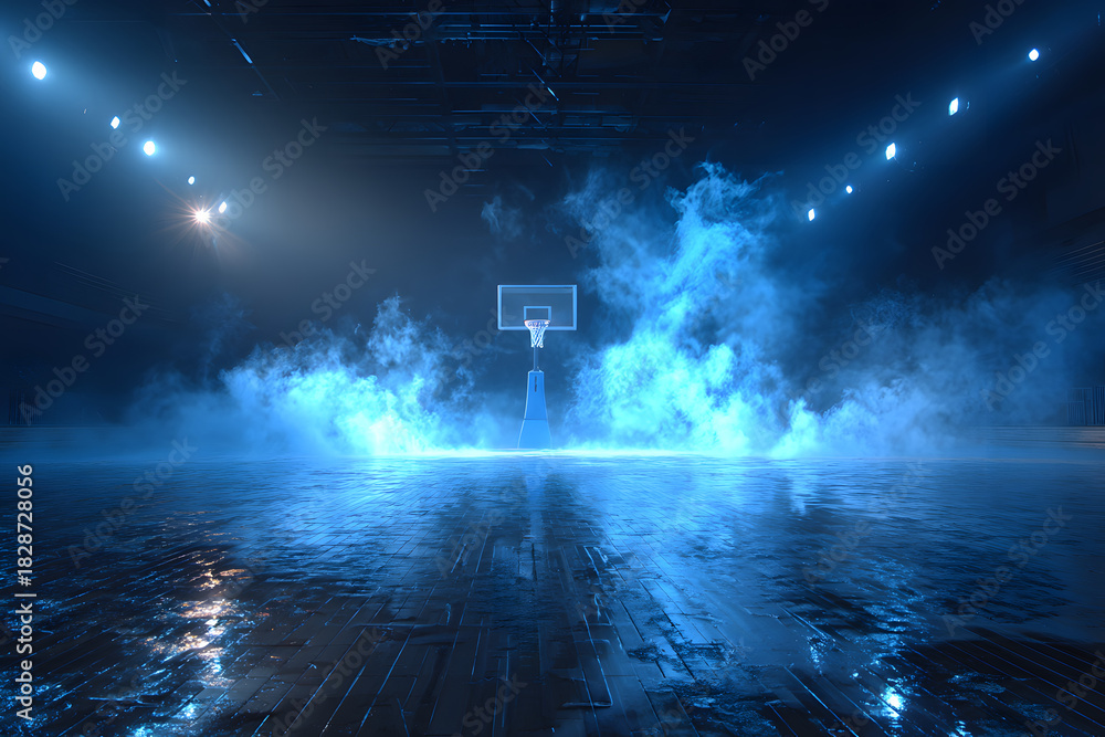 Naklejka premium dark and dramatic high school basketball court, basketball hoop, blue smoke, blue led lights