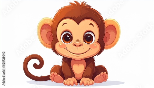 Cartoon Baby Monkey with Brown Fur, Heart-Shaped Chest Patch, and Cheerful Smile – Playful Stylized Jungle Animal Character for Children’s Books, Educational Media, Animation, and Friendly Visual 