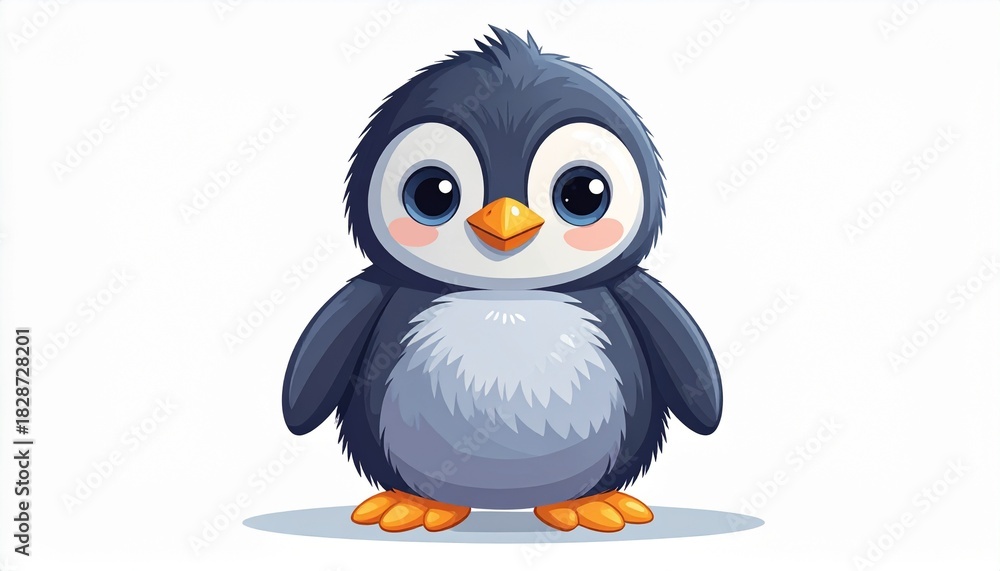 Fototapeta premium Cartoon Baby Penguin with Dark Gray Feathers, Blushed Cheeks, and Expressive Eyes – Cute Stylized Arctic Animal Character for Children’s Books, Educational Media, Animation, and Winter-Themed Visual S