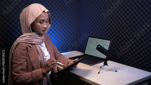 Hijab businesswoman working at desk with laptop and tablet – modern office workspace, productivity and professional Muslim woman