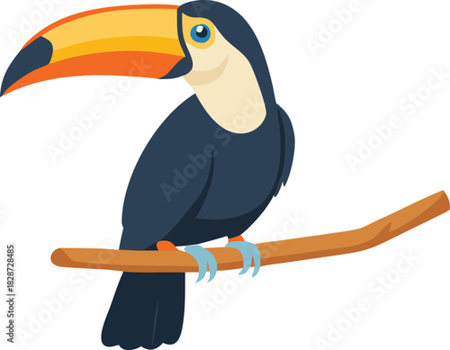 Exotic black and yellow toco toucan bird sitting on a jungle branch against a white background