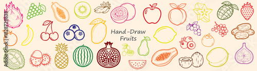 Illustration of various hand drawn fruits including tropical and common varieties on a light background