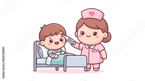 Adorable Cartoon Nurse Checking a Patient's Temperature in Bed with a Digital Thermometer