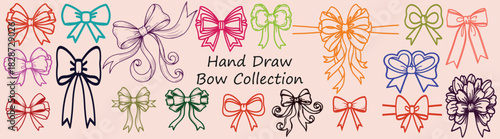 Collection of hand drawn bows in various colors and styles on a light pink background image design