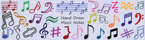 Colorful hand drawn music notes and symbols arranged on a light blue background in a random pattern