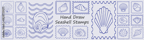 Hand drawn seashell stamps and wave illustrations in blue ink on a white background banner format