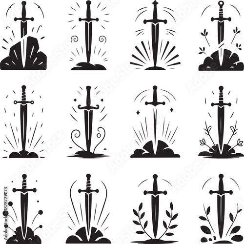 Collection of Sword in Stone Vector Graphics for Mythological Designs