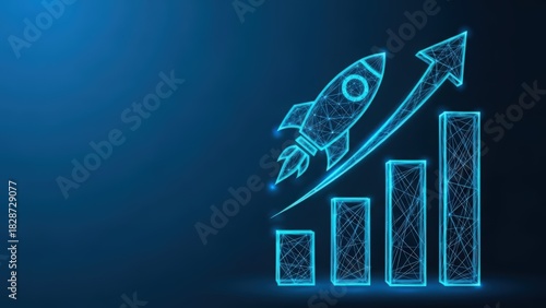Fototapeta Naklejka Na Ścianę i Meble -  Rocket ship launches upward over increasing business growth chart representing startup success and innovation