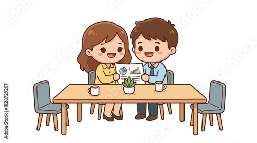 Cartoon Business Meeting  Man and Woman Discussing Graphs at Table