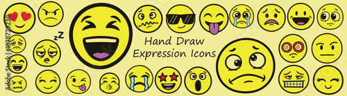 Collection of hand drawn yellow emoji icons displaying various expressions on a light yellow background