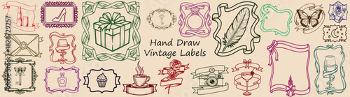 Collection of vintage hand drawn labels with various objects and decorative banners on beige background