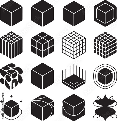 Collection of Unique Cube Icons Black and White Vector Set Design