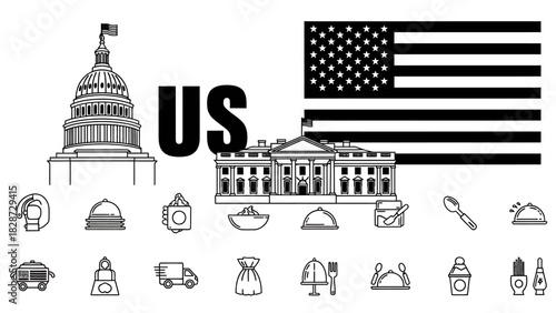 United states food delivery and national landmark icons collection.