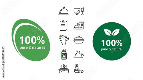 Pure natural food badges and healthy cooking ingredient icons.